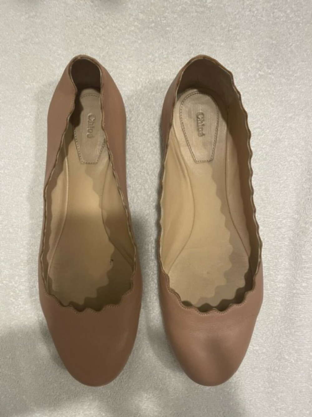 Chloe Lauren Scalloped Leather Ballerina Flats Tan Cream Womens 37.5 US 7.5 - Picture 7 of 7